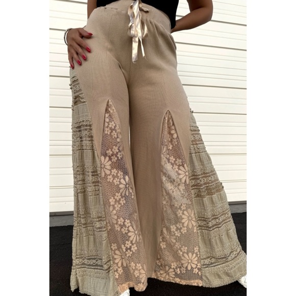 POL Mocha Latte Stretch Knit Lace Panel Wide Leg Pants - Picture 6 of 14